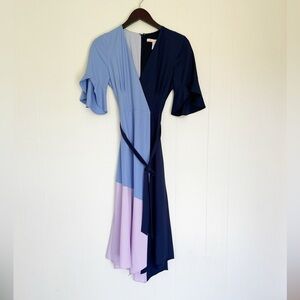 HUTCH Womens Blue Colorblock Short Flutter Sleeve Wrap Dress Dress Size XS